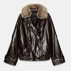 Zara ZW Collection Patent Leather Look Trench Bomber With Removable Fur Collar M